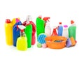 household chemicals, sponges and trough isolated on white background. Collage Royalty Free Stock Photo