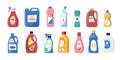 Household chemichals. Cartoon liquid soap and detergent bottles, foam and liquid cleaning products for home and bathroom