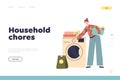 Household chores concept of landing page with woman loading wash machine to clean clothes