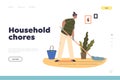 Household chores concept of landing page with woman mopping floor. Young housekeeper cleaning house