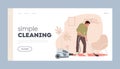 Household Chores Landing Page Template. Male Character Vacuuming Home with Vacuum Cleaner in Living Room, Cleaning Floor Royalty Free Stock Photo