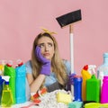 Household chores. Thoughtful girl holding a mop Royalty Free Stock Photo