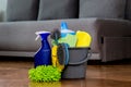 Household cleaners, detergent, rag, rubber gloves, washcloth, brush, cleaning bucket. Means for keeping the house clean Royalty Free Stock Photo