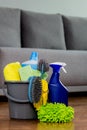 Household cleaners, detergent, rag, rubber gloves, washcloth, brush, cleaning bucket. Means for keeping the house clean Royalty Free Stock Photo