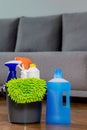 Household cleaners, detergent, rag, rubber gloves, washcloth, brush, cleaning bucket. Means for keeping the house clean Royalty Free Stock Photo