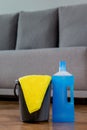 Household cleaners, detergent, rag, rubber gloves, washcloth, brush, cleaning bucket. Means for keeping the house clean Royalty Free Stock Photo