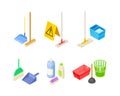 Household Cleaning Equipments with Mop, Broom and Bottles with Detergents Isometric Vector Set