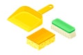 Household Cleaning Equipments with Plastic Dustpan and Brush Isometric Vector Composition