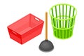 Household Cleaning Equipments with Wastepaper Basket and Sink Plunger Isometric Vector Composition