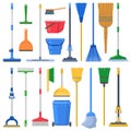 Household cleaning mops, broom, sweeps, scoops and plastic buckets. Cleaning swab, mop, broom, feather duster and