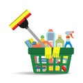 Household cleaning products and accessories in the basket