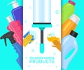 Household cleaning products banner vector illustration. Home clean tools such as brush,bucket, window wipes and