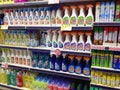 Household cleaning products for sale in a store.