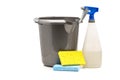 Household cleaning products - spray bottle, bucket and sponges Royalty Free Stock Photo