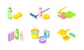 Household cleaning supplies set. Bucket, detergents, sponge, broom and scoop vector illustration
