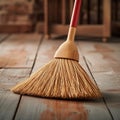 Household cleanliness Broom at work, tackling dirt on dusty flooring