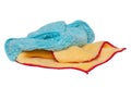 Household cleanliness and hygiene. Close-up of a blue and a yellow cleaning cloth isolated on a white background. Microfiber