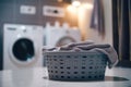 Household efficiency in a modern setting: a washer, dryer, and neatly stacked laundry basket