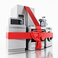 Household equipments wrapped with red ribbon. 3D illustration Royalty Free Stock Photo