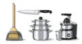 Household Essentials: Kitchenware, Juicer, Knife, and Cleaning Tools Vector Set Royalty Free Stock Photo