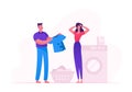 Household Everyday Routine, Weekend Family Chores. Upset Man Show Dirty T-shirt with Huge Blame to Upset Woman Holding Head Royalty Free Stock Photo