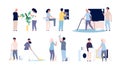 Household family. People cleaning his home rooms happy male female working vector characters