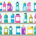 Household goods and cleaning supplies on supermarket shelves seamless vector background