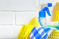Household goods, equipment for cleaning and housework on the background with copy space. Supplies of sponges for washing