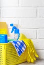 Household goods, equipment for cleaning and housework on the background with copy space. Supplies of sponges for washing