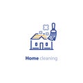 Household and home cleaning services, broom and dust icon