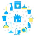 Household icons cleaning and washing house, wipe dust and vacuum floor, mop and wash dishes