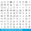 100 household icons set, outline style