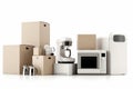 Household kitchen appliances and home electronics in carboard boxes isolated on white. AI generated Royalty Free Stock Photo