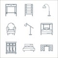 household line icons. linear set. quality vector line set such as desk, bed, cupboard, bed, desk lamp, armchair, floor lamp, chest