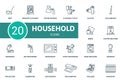 Household outline icons set. Creative icons: mop, window cleaning, steam ironing, cleaning toilet, gloves, vacuum mop