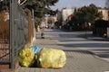 Household rubbish in multicolored sorting bags lies on a city street near the fence of private territory, awaiting export from the