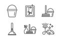Household service, Bucket and Plunger icons set. Window cleaning, Bucket with mop and Vacuum cleaner signs. Vector Royalty Free Stock Photo