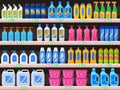 Household supplies, chemical detergent bottles on supermarket shelves. Detergents, cleaning powder, antibacterial soap