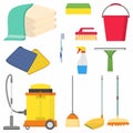 Household supplies and cleaning flat icons set. Mop, sponge, spray bottle, towel, vacuum cleaner, bucket, squeegee, brush.