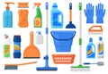 Household supplies, cleaning services tools and detergent bottles. Cleaning supplies, detergents, brush, bucket and mop