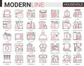 Household tools complex thin red black line icons vector illustration set, outline house cleaning, cooking or gardening Royalty Free Stock Photo