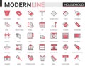 Household tools flat thin red black line icons vector illustration set, outline house cleaning, cooking or gardening Royalty Free Stock Photo