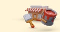 Household wall paint. 3D shop building with striped canopy, can, brush