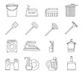 Household washing cleaning accessories outline lineart isolated on white icons set design vector illustration