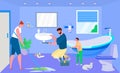 Household work with family, vector illustration. Woman character clean up house bathroom, father and son repairing sink