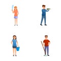 Household work icons set cartoon vector. People with cleaning and repair tool Royalty Free Stock Photo