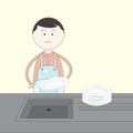 householder in an apron washes dishes in a linear style