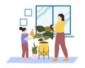 Householder cleaners, daily home routines. Mother and daughter doing household chores, mopping and spraying houseplants