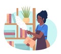 Housekeeper cleaning dust off wood shelves 2D vector isolated illustration