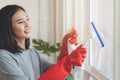 Housekeeper cleaning home concept. Woman spraying cleanser to window